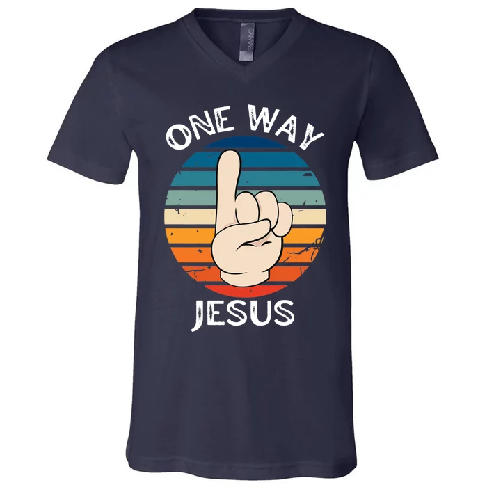 One Way Jesus People Christian Revolution Finger Up Retro V-Neck T-Shirt