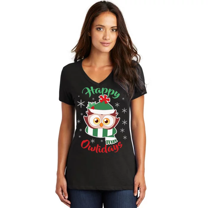 Owl Christmas Happy Owlidays Women's V-Neck T-Shirt