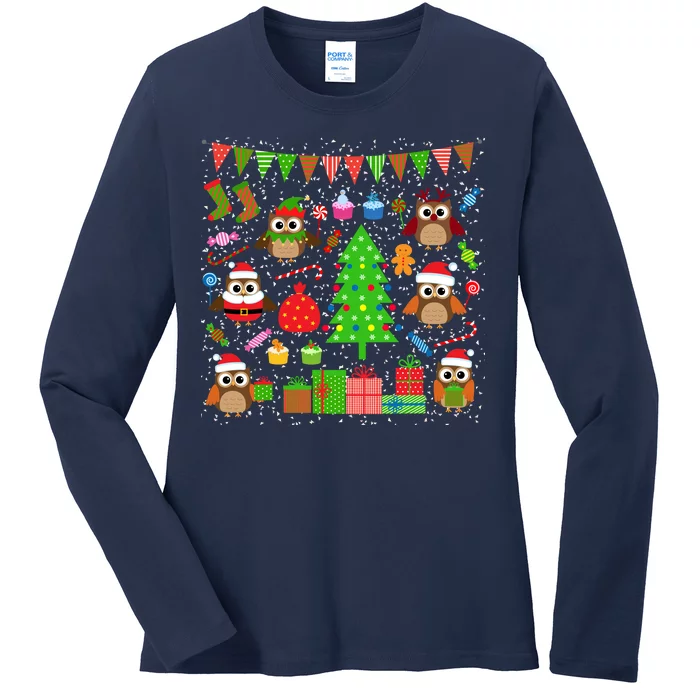 Owl Christmas Party Mashup Ladies Long Sleeve Shirt