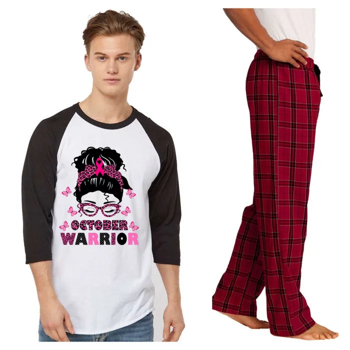 October Warrior Messy Bun Breast Cancer Awareness Raglan Sleeve Pajama Set