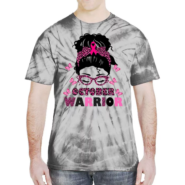 October Warrior Messy Bun Breast Cancer Awareness Tie-Dye T-Shirt