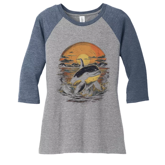 Orca Whale Retro Style Graphic Tees for Boy Girl Women's Tri-Blend 3/4-Sleeve Raglan Shirt