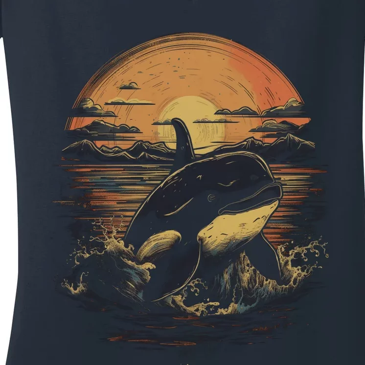 Orca Whale Retro Style Graphic Tees for Boy Girl Women's V-Neck T-Shirt