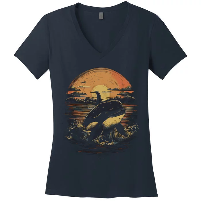 Orca Whale Retro Style Graphic Tees for Boy Girl Women's V-Neck T-Shirt