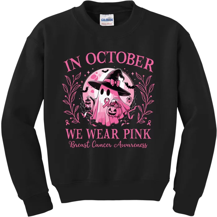 October We Wear Breast Cancer Awareness Halloween Ghost Kids Sweatshirt