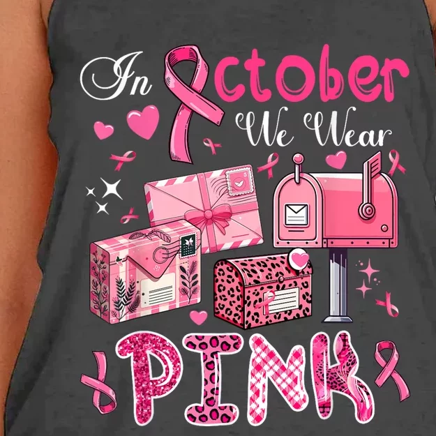 October We Wear Breast Cancer Awareness Postal Worker Women's Knotted Racerback Tank