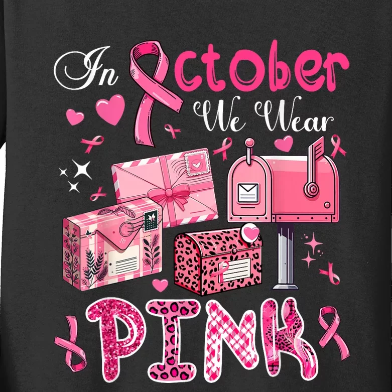 October We Wear Breast Cancer Awareness Postal Worker Kids Long Sleeve Shirt