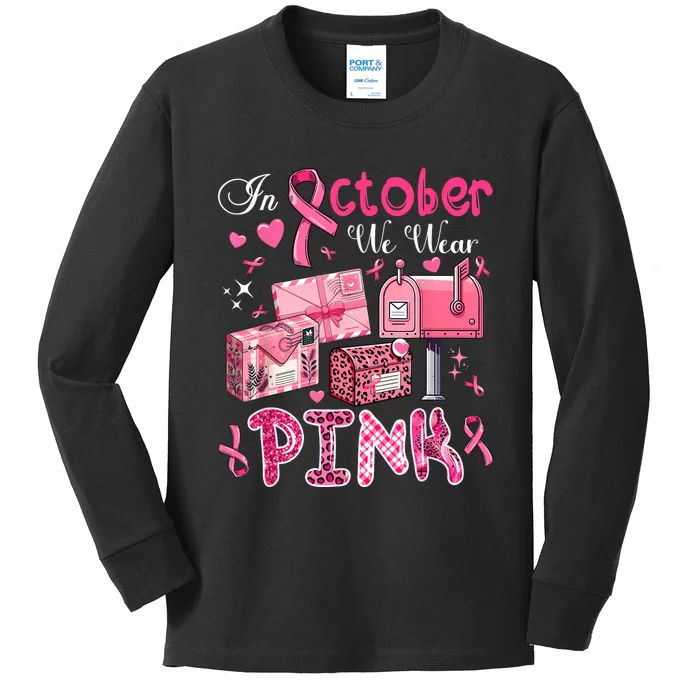 October We Wear Breast Cancer Awareness Postal Worker Kids Long Sleeve Shirt