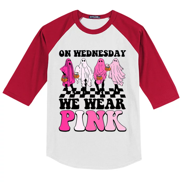 On Wednesday We Wear Pink Ghost Halloween Breast Cancer Kids Colorblock Raglan Jersey