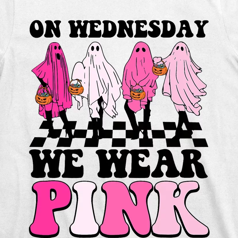 On Wednesday We Wear Pink Ghost Halloween Breast Cancer T-Shirt