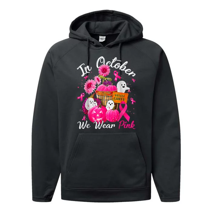 October We Wear Pink Pumpkin Ghost Halloween Breast Cancer Performance Fleece Hoodie