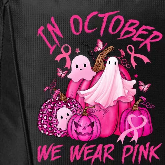 October We Wear Pink Pumpkin Ghost Halloween Breast Cancer City Backpack