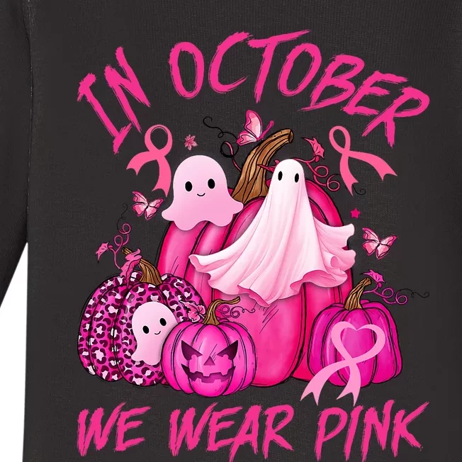 October We Wear Pink Pumpkin Ghost Halloween Breast Cancer Baby Long Sleeve Bodysuit