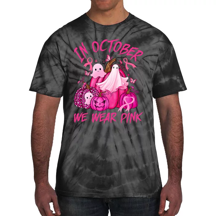 October We Wear Pink Pumpkin Ghost Halloween Breast Cancer Tie-Dye T-Shirt