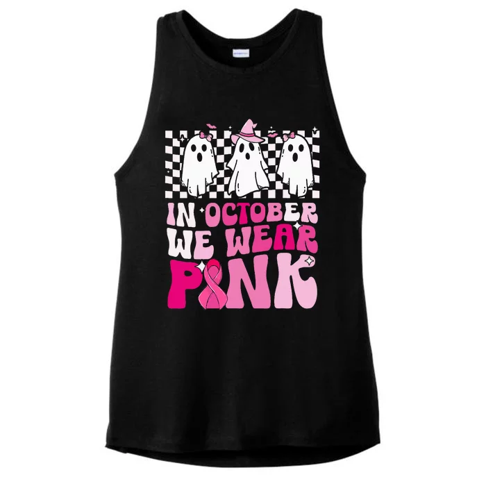 October We Wear Pink Funny Ghost Halloween Breast Cancer Ladies Tri-Blend Wicking Tank