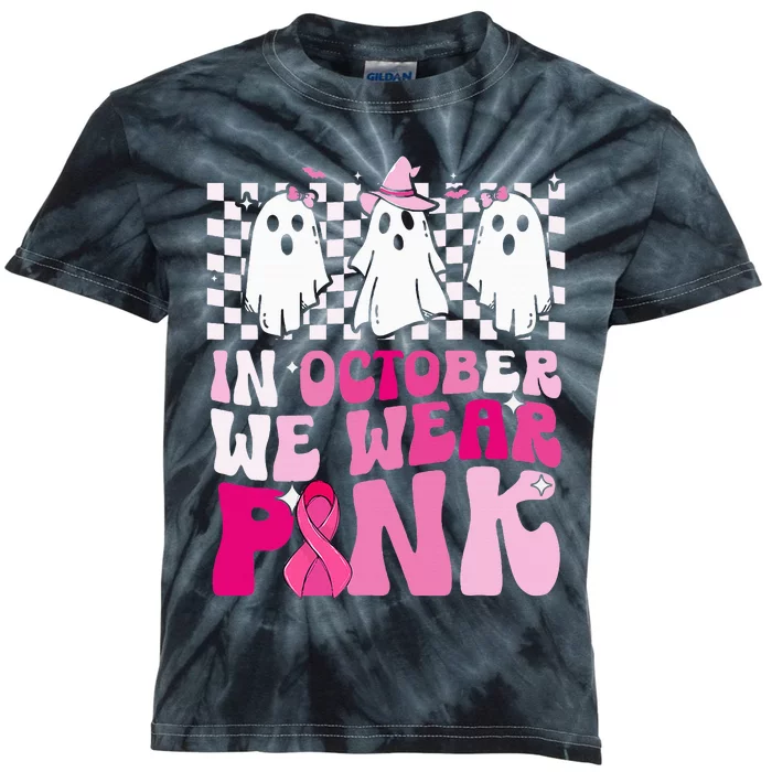 October We Wear Pink Funny Ghost Halloween Breast Cancer Kids Tie-Dye T-Shirt