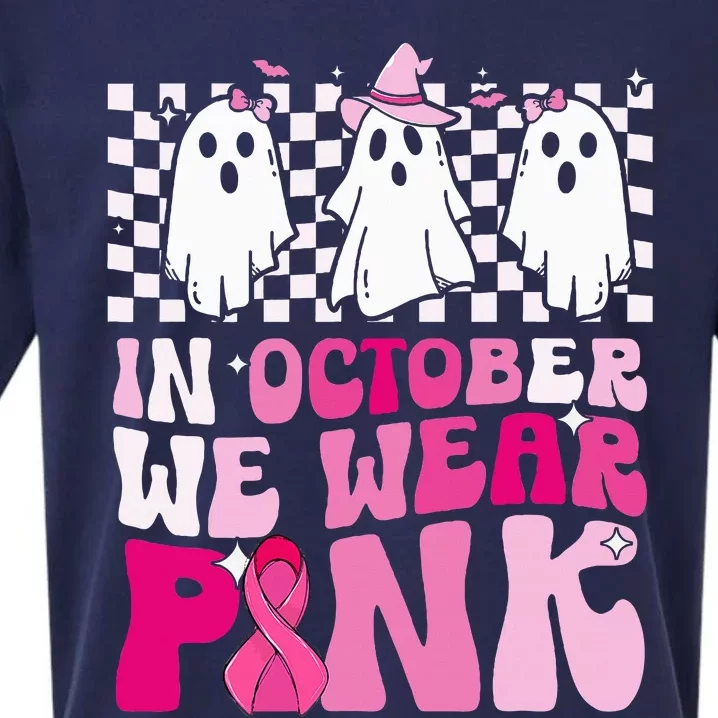 October We Wear Pink Funny Ghost Halloween Breast Cancer Sueded Cloud Jersey T-Shirt