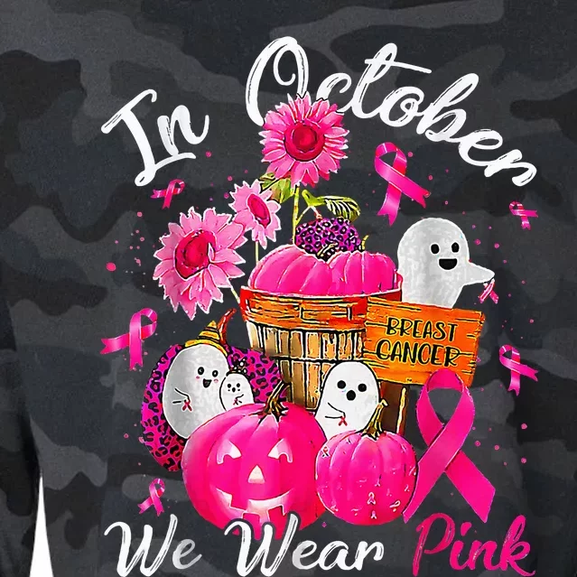 October We Wear Pink Pumpkin Ghost Halloween Breast Cancer Cropped Pullover Crew