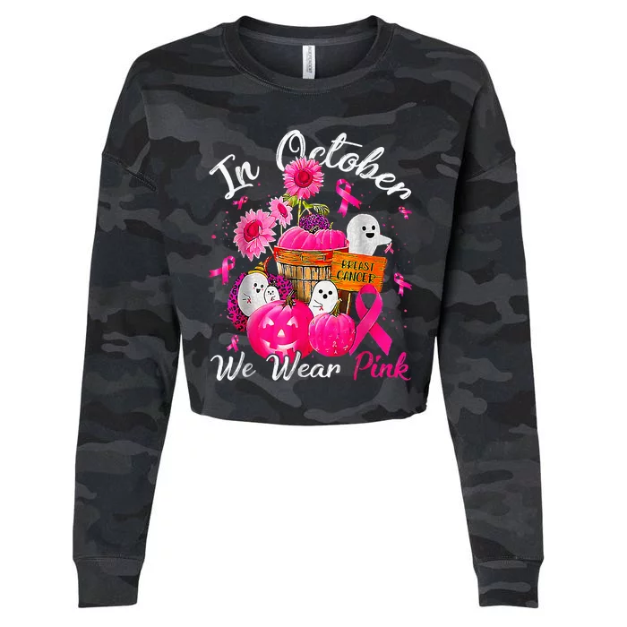 October We Wear Pink Pumpkin Ghost Halloween Breast Cancer Cropped Pullover Crew