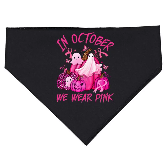 October We Wear Pink Pumpkin Ghost Halloween Breast Cancer USA-Made Doggie Bandana