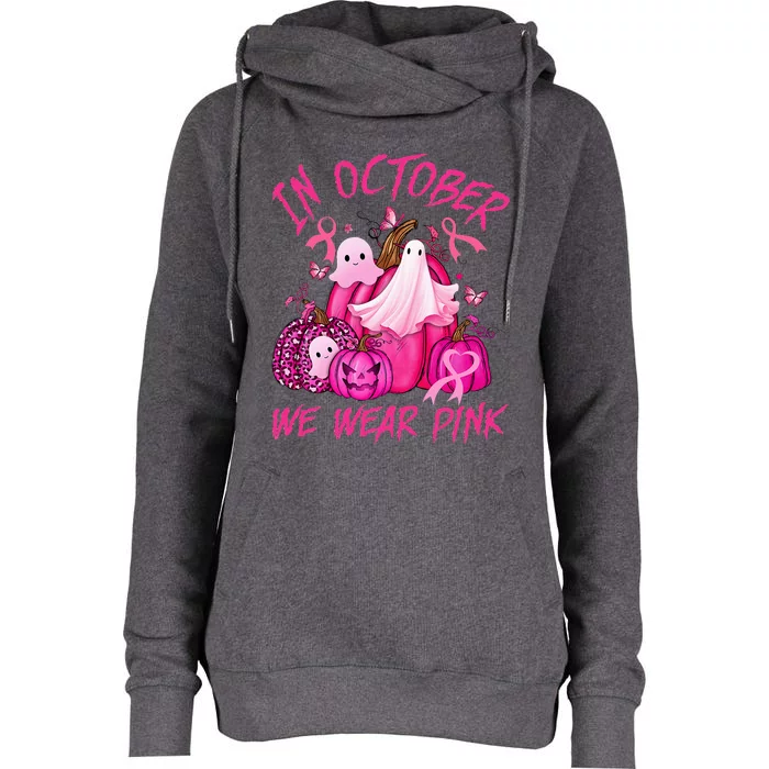 October We Wear Pink Pumpkin Ghost Halloween Breast Cancer Womens Funnel Neck Pullover Hood