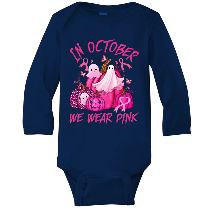 October We Wear Pink Pumpkin Ghost Halloween Breast Cancer Baby Long Sleeve Bodysuit