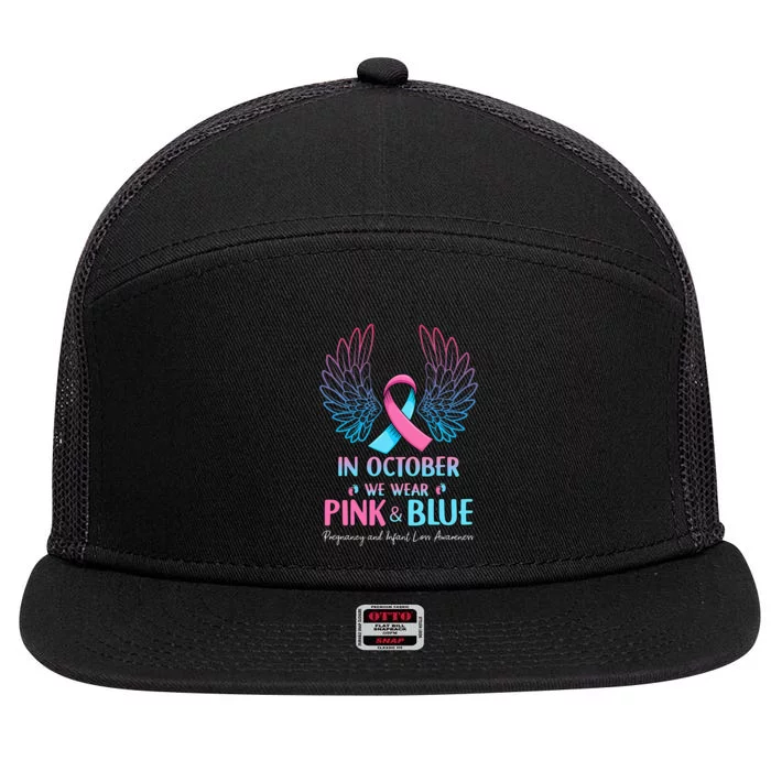 October We Wear Pink Blue Pregnancy Infant Loss Awareness 7 Panel Mesh Trucker Snapback Hat