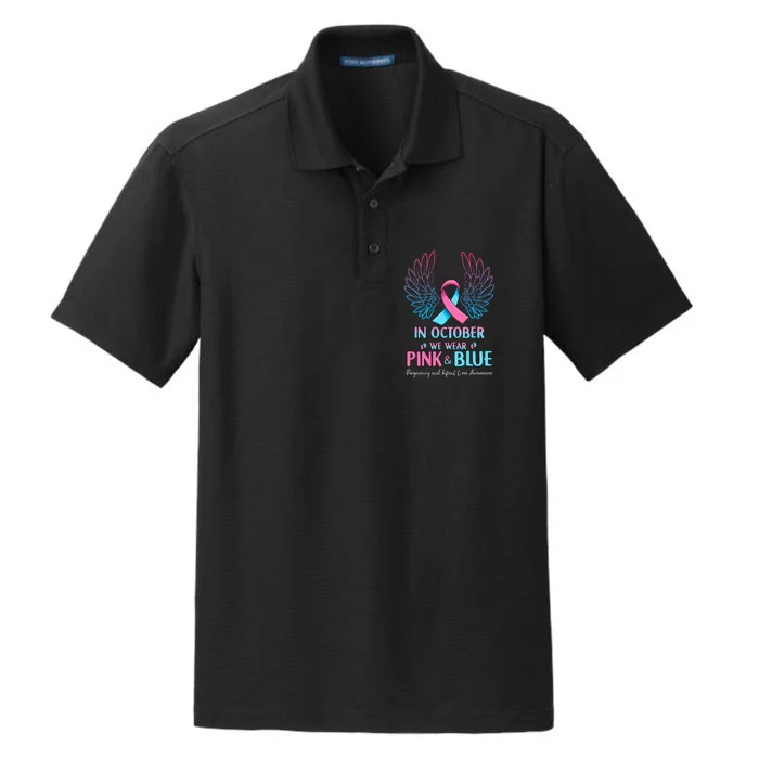 October We Wear Pink Blue Pregnancy Infant Loss Awareness Dry Zone Grid Performance Polo