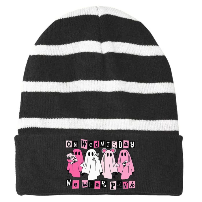 On Wednesday We Wear Cute Ghost Halloween Striped Beanie with Solid Band