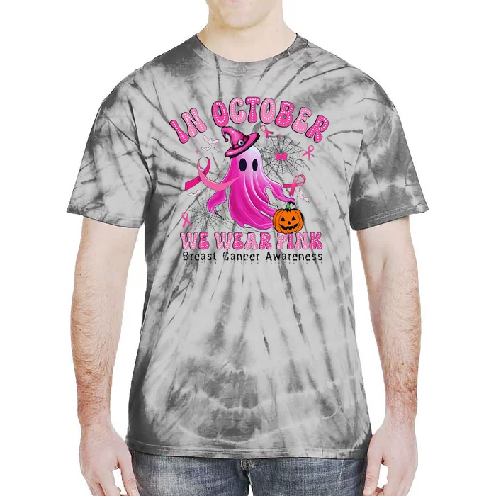 October We Wear Pin.K Breast Cancer Awareness Halloween Ghost Tie-Dye T-Shirt