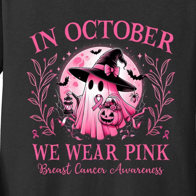 October We Wear Breast Cancer Awareness Halloween Ghost Kids Long Sleeve Shirt