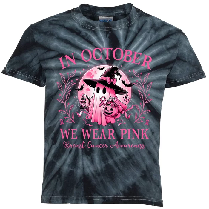 October We Wear Breast Cancer Awareness Halloween Ghost Kids Tie-Dye T-Shirt