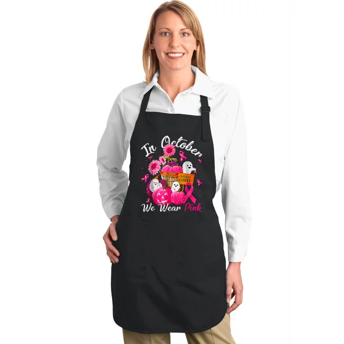 October We Wear Pink Pumpkin Ghost Halloween Breast Cancer Full-Length Apron With Pocket