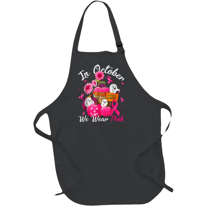 October We Wear Pink Pumpkin Ghost Halloween Breast Cancer Full-Length Apron With Pocket