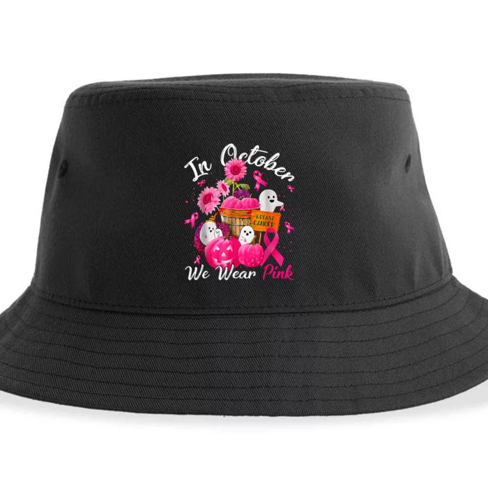 October We Wear Pink Pumpkin Ghost Halloween Breast Cancer Sustainable Bucket Hat