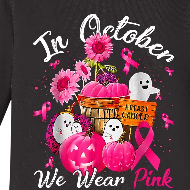 October We Wear Pink Pumpkin Ghost Halloween Breast Cancer Baby Long Sleeve Bodysuit