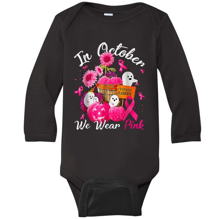 October We Wear Pink Pumpkin Ghost Halloween Breast Cancer Baby Long Sleeve Bodysuit