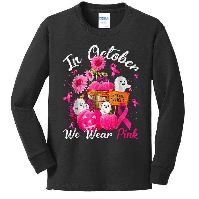 October We Wear Pink Pumpkin Ghost Halloween Breast Cancer Kids Long Sleeve Shirt