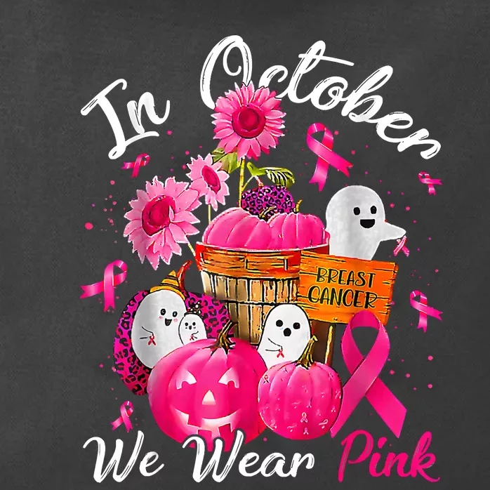 October We Wear Pink Pumpkin Ghost Halloween Breast Cancer Zip Tote Bag