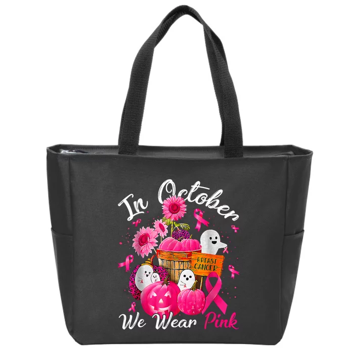 October We Wear Pink Pumpkin Ghost Halloween Breast Cancer Zip Tote Bag