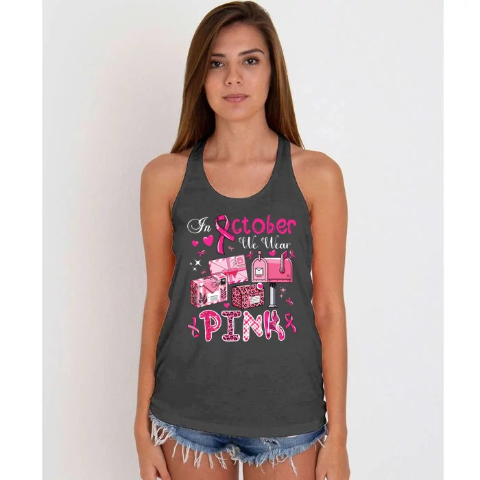 October We Wear Breast Cancer Awareness Postal Worker Women's Knotted Racerback Tank