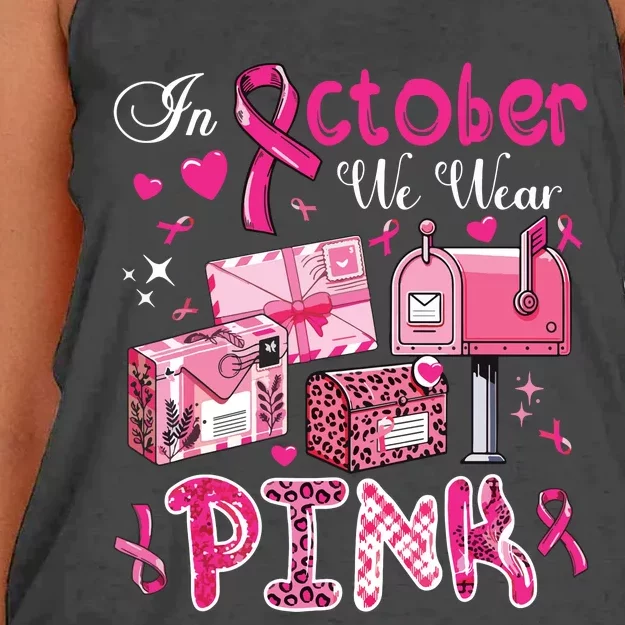 October We Wear Breast Cancer Awareness Postal Worker Women's Knotted Racerback Tank