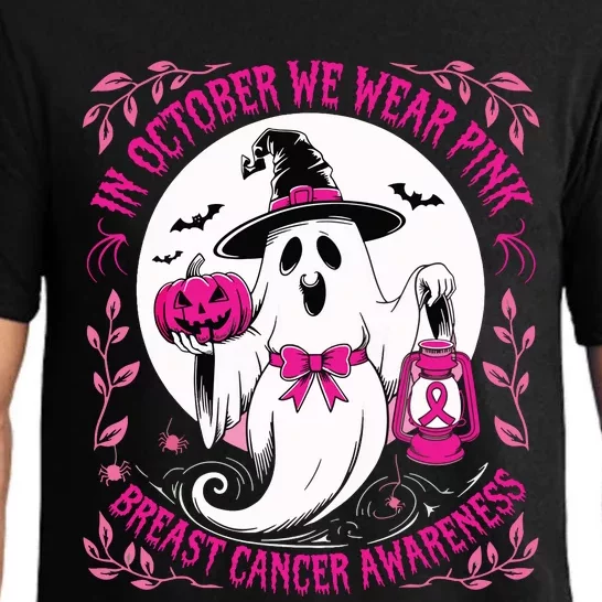 October We Wear Ghost Halloween Pumpkins Breast Cancer Pajama Set