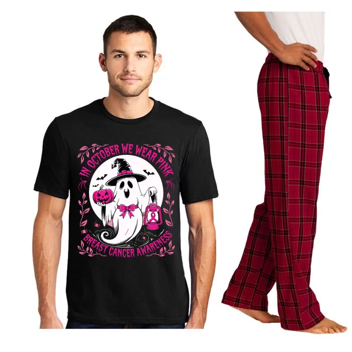 October We Wear Ghost Halloween Pumpkins Breast Cancer Pajama Set