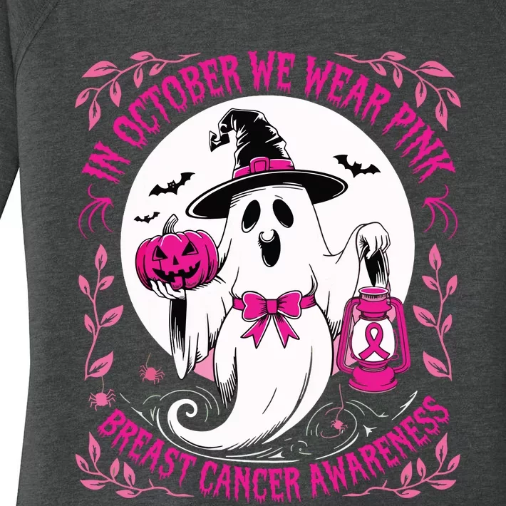 October We Wear Ghost Halloween Pumpkins Breast Cancer Women's Perfect Tri Tunic Long Sleeve Shirt