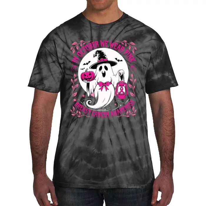 October We Wear Ghost Halloween Pumpkins Breast Cancer Tie-Dye T-Shirt