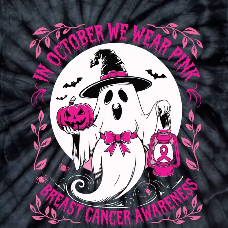 October We Wear Ghost Halloween Pumpkins Breast Cancer Tie-Dye T-Shirt