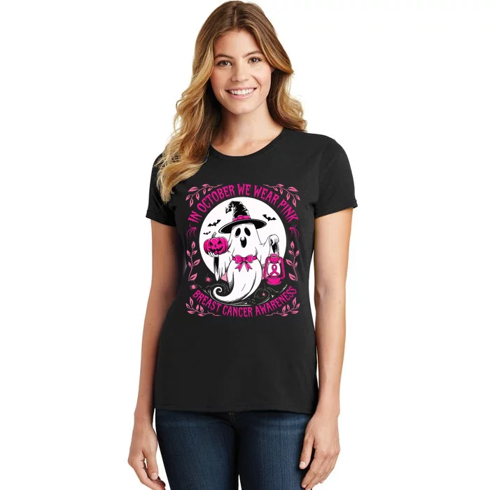 October We Wear Ghost Halloween Pumpkins Breast Cancer Women's T-Shirt