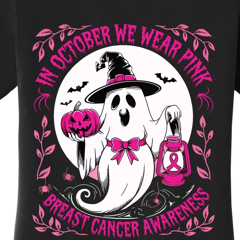 October We Wear Ghost Halloween Pumpkins Breast Cancer Women's T-Shirt