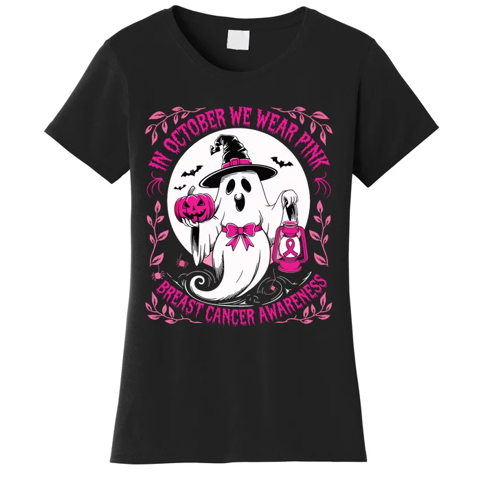 October We Wear Ghost Halloween Pumpkins Breast Cancer Women's T-Shirt